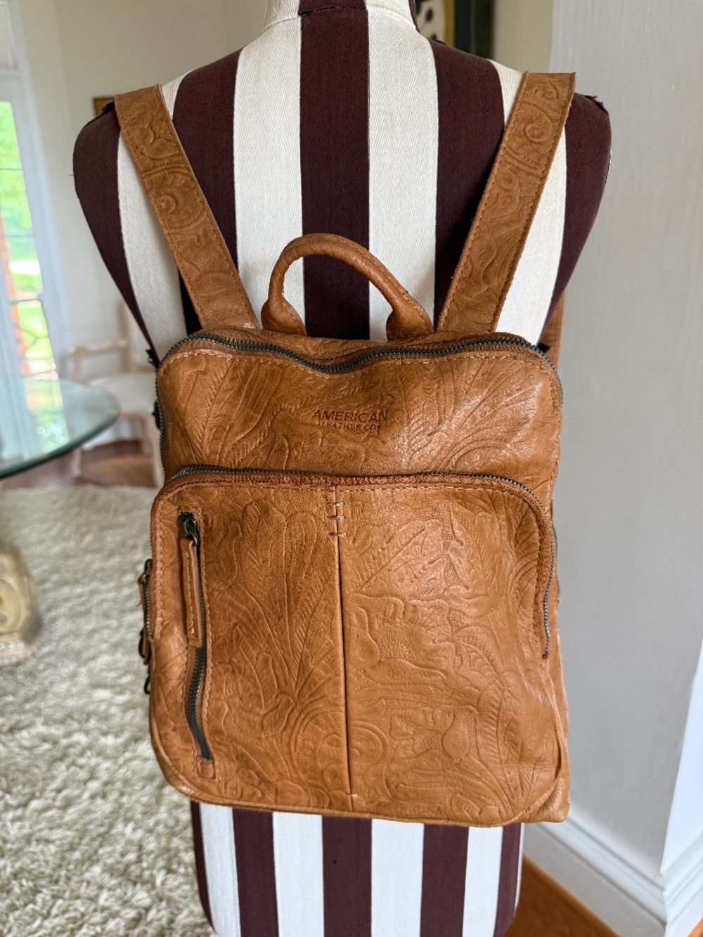 American Leather Co Tan Floral Embossed Backpack Zipper Adjustable Strap